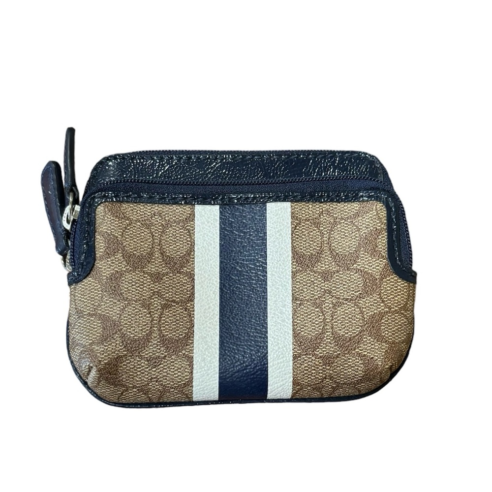 Coach Double Coin Wallet Brown with Coach Logo and Navy PVC Stripe Style F65380